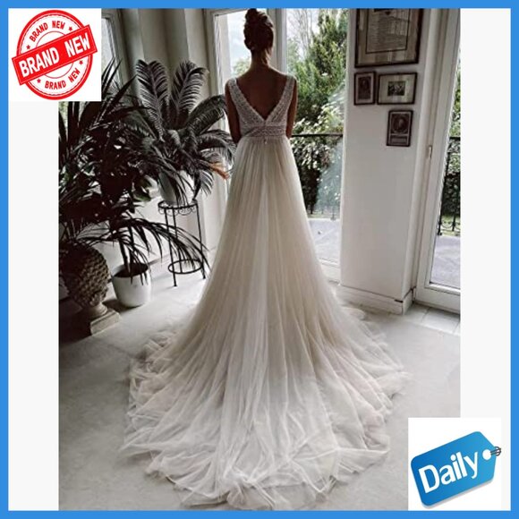 V-Neck Lace A-Line Wedding Dress with Tulle Layers Floor Length - Picture 3 of 7